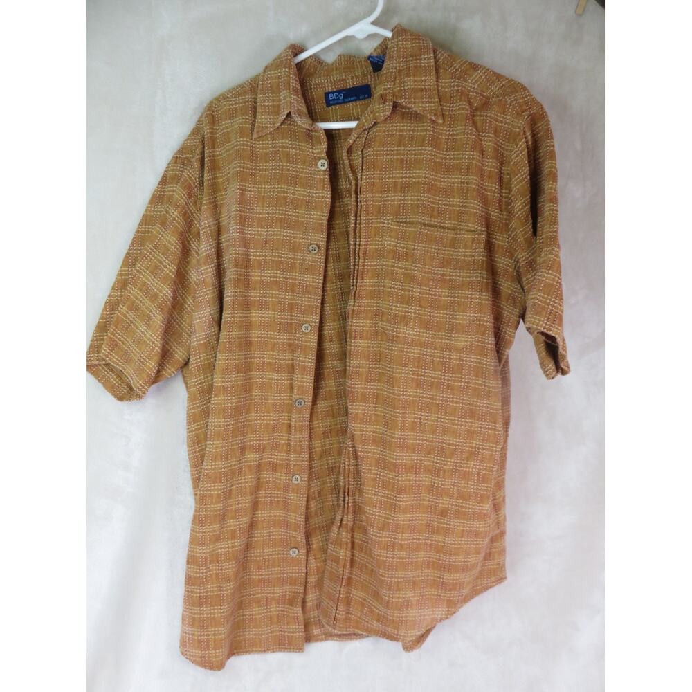 Vintage BDg Shirt Men's Size Large Button Up Short Sleeve Linen Blend Brown